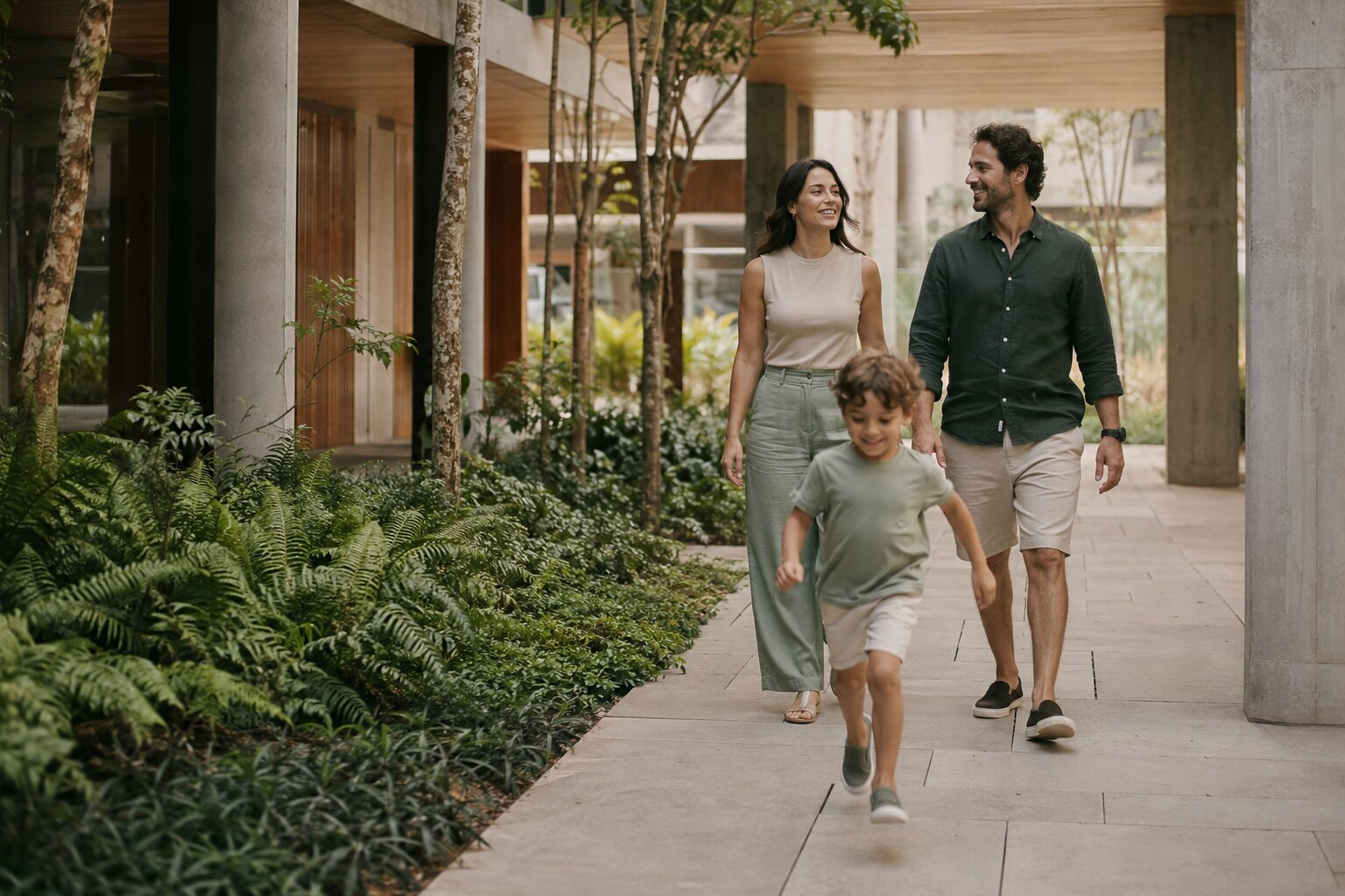 Família caminhando em corredor ajardinado de edifício contemporâneo