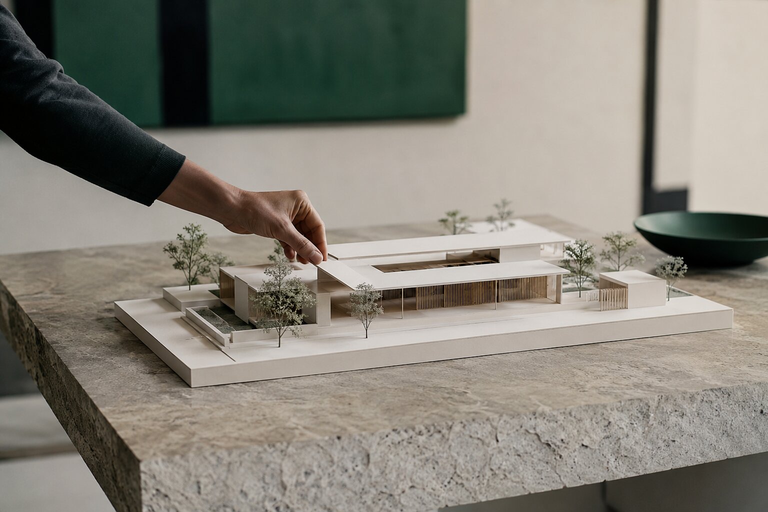 Maquete de projeto arquitetônico em escala sobre mesa de pedra