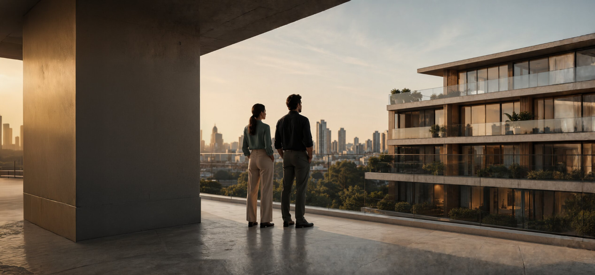 Casal em varanda de edifício contemporâneo diante do skyline ao entardecer